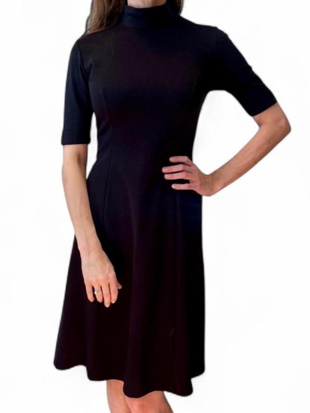 Vintage 90s Minimalist A-Line Fit & Flare Black Mock Neck Midi Dress 3/4 Sleeves